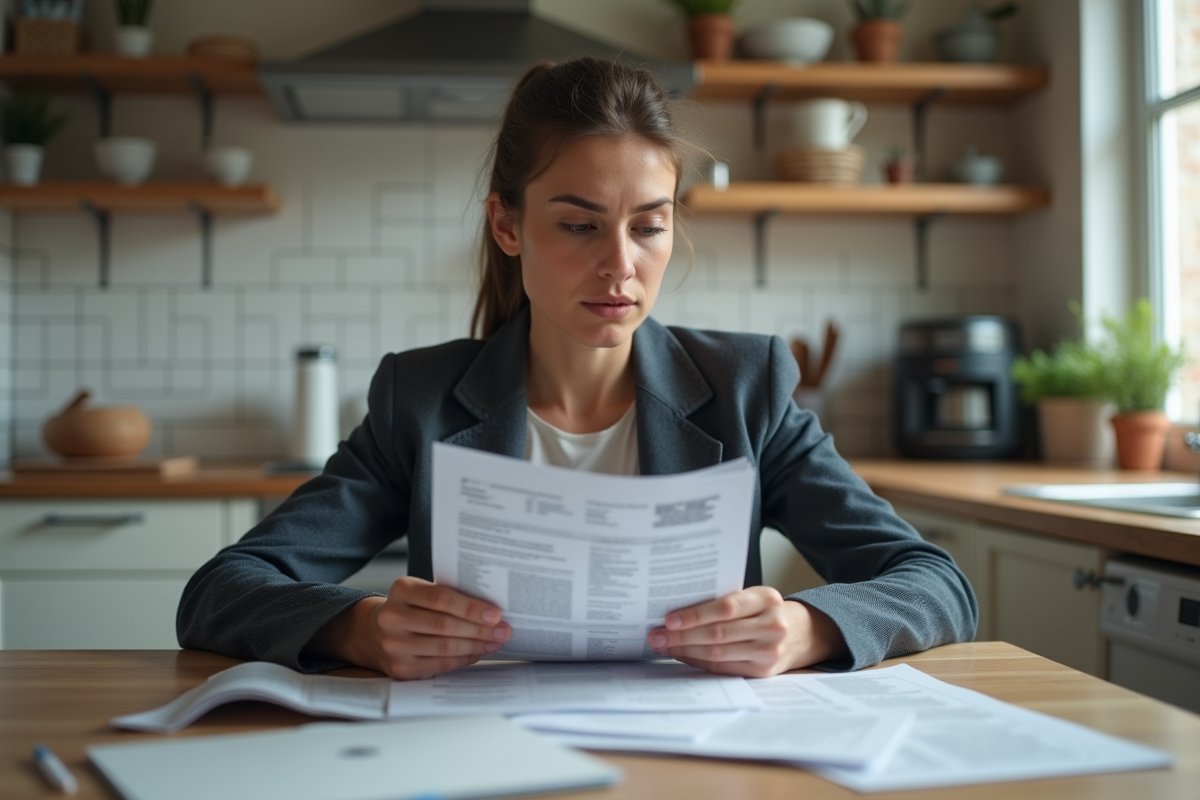 Jeune femme en réflexion avec papiers de prêt étudiant