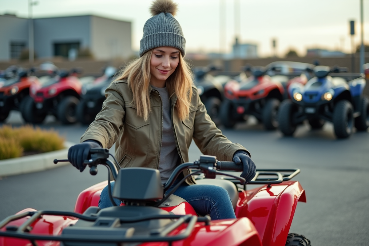 Jeune femme examinant un quad en concession