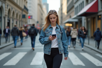 Jeune femme en denim marche dans la ville moderne