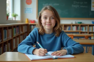 Jeune fille confiante en classe avec cahier