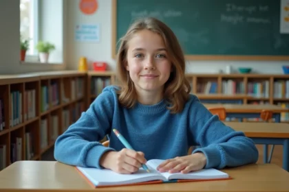 Jeune fille confiante en classe avec cahier