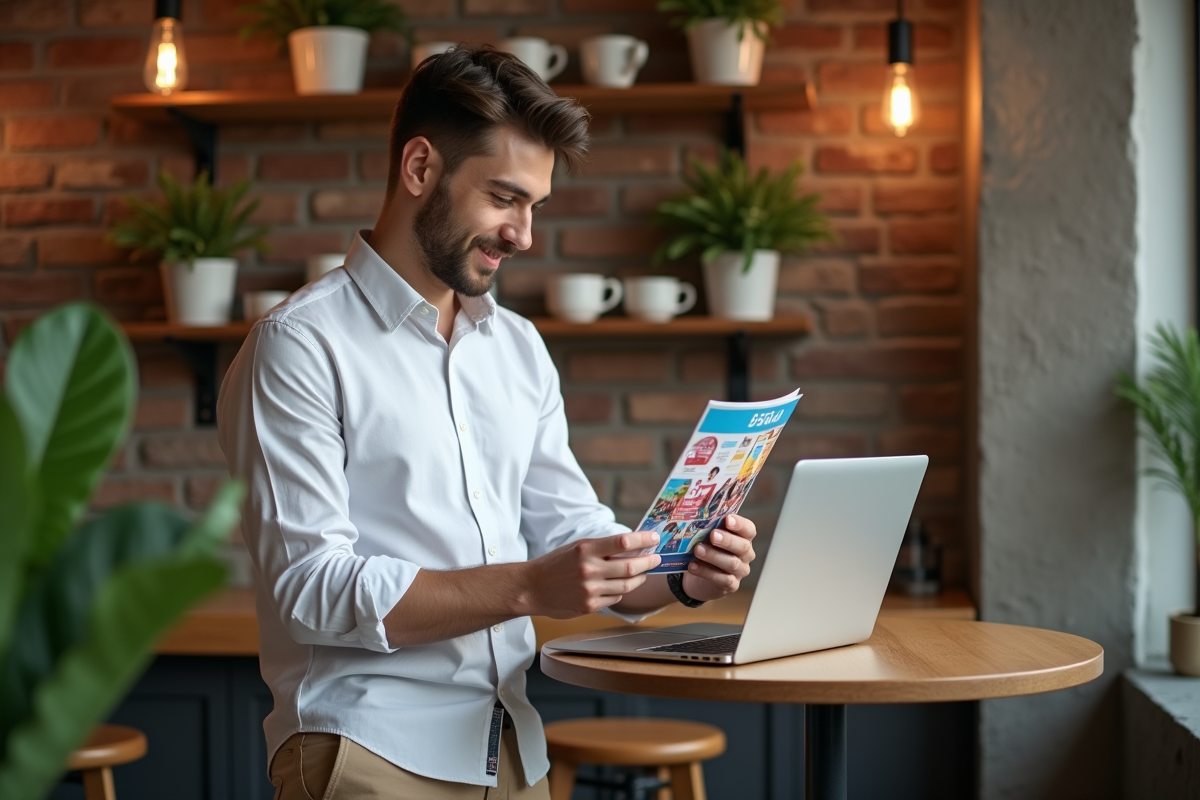 Jeune homme travaillant sur un ordinateur dans un café convivial