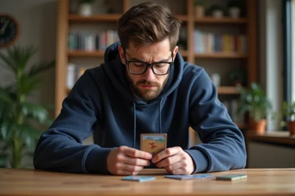 Jeune homme examine une carte à collectionner dans un intérieur chaleureux