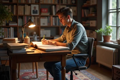 Jeune homme assis à un bureau en train de dessiner dans un carnet