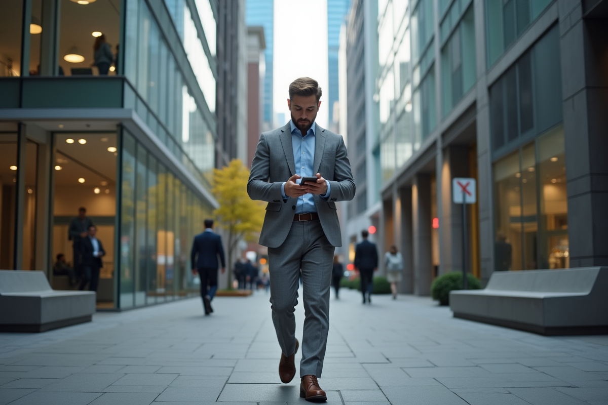 Jeune homme marchant avec smartphone dans la ville