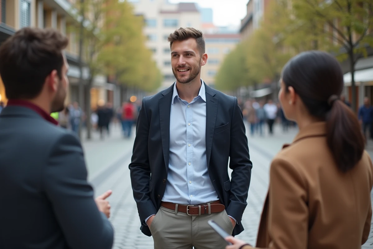 Jeune homme présentant en extérieur en ville