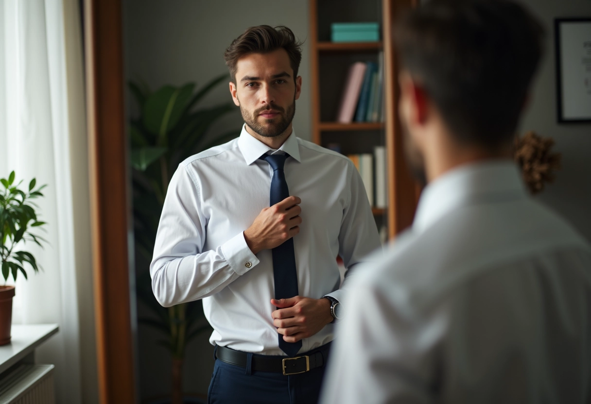 Jeune homme ajustant sa cravate dans un espace de travail