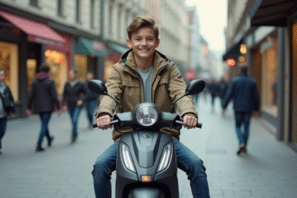 Jeune garçon souriant avec scooter en ville