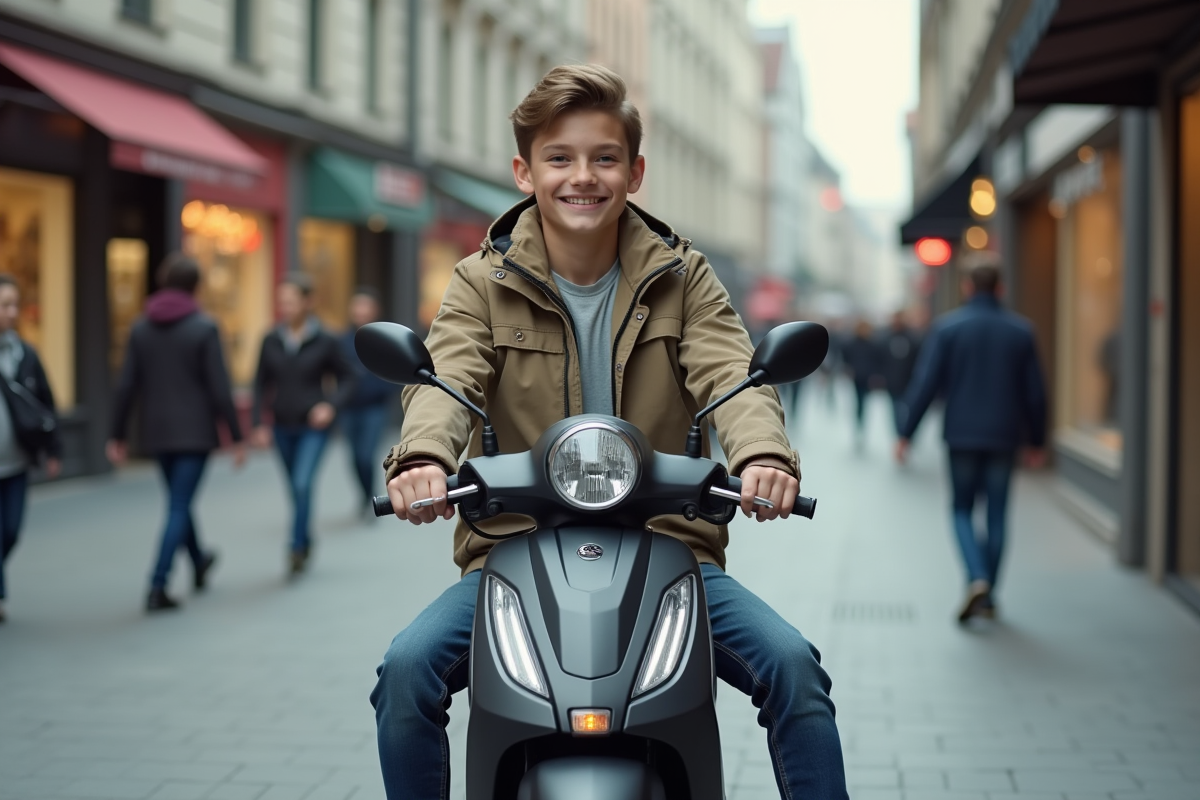 Jeune garçon souriant avec scooter en ville