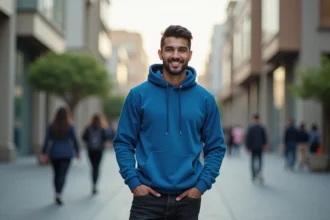 Jeune homme nord-africain souriant en rue avec style
