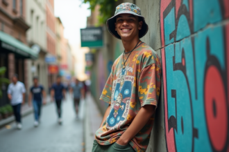 Jeune homme en streetwear urbain décontracté en extérieur