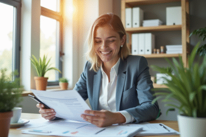 Jeune professionnel souriant dans un bureau moderne avec documents financiers