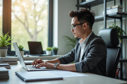 Jeune professionnel confiant travaillant sur un ordinateur dans un bureau moderne