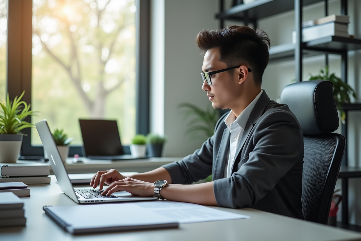 Jeune professionnel confiant travaillant sur un ordinateur dans un bureau moderne