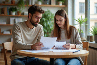 Jeunes adultes discutant de papiers dans un appartement parisien
