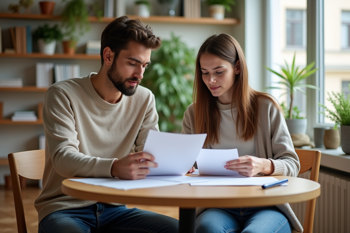 Jeunes adultes discutant de papiers dans un appartement parisien