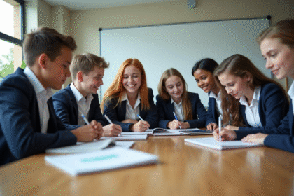 Groupe de jeunes collégiens en classe collaborative