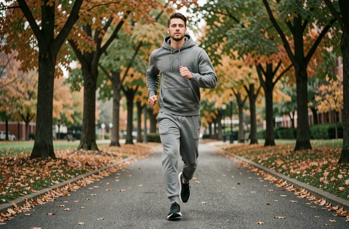 Jeune homme faisant du jogging en automne dans un parc urbain, symbolisant la discipline physique et le bien-être associés au défi No Nut November