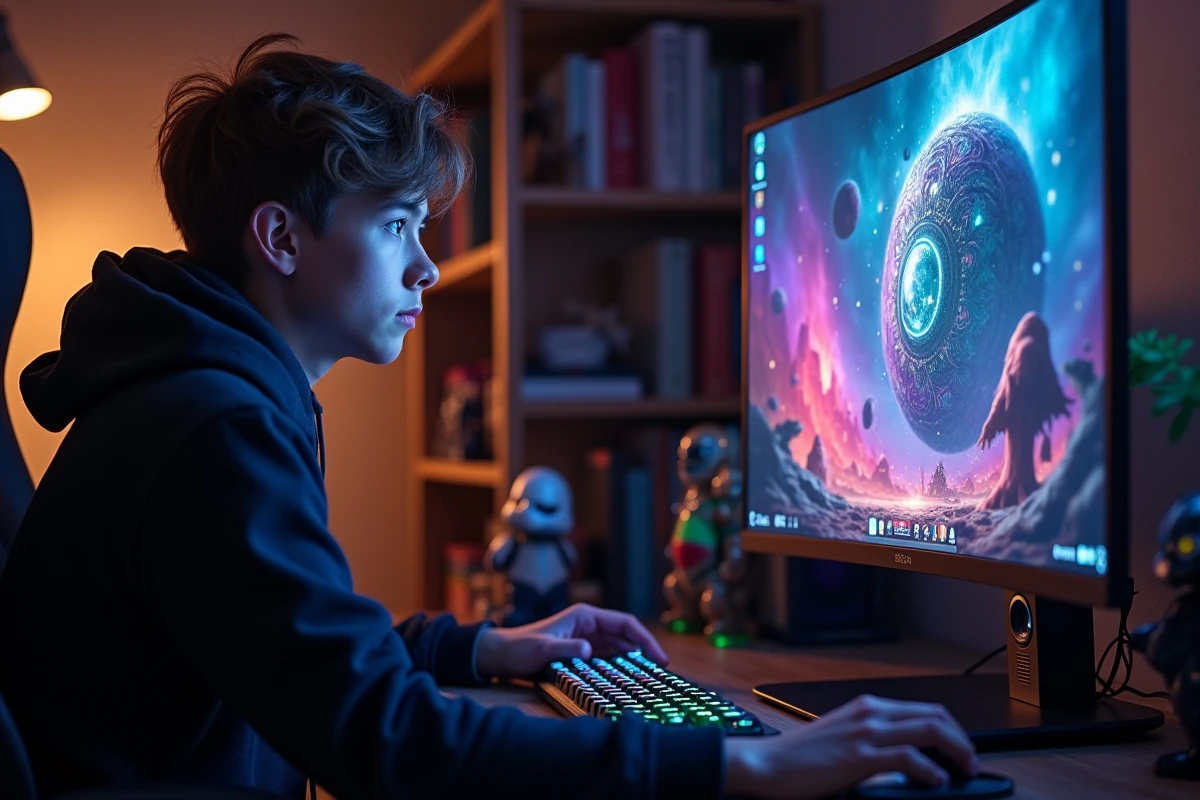 Joueur concentré devant un écran affichant l'interface de Clair Obscur avec des sphères de peinture colorées