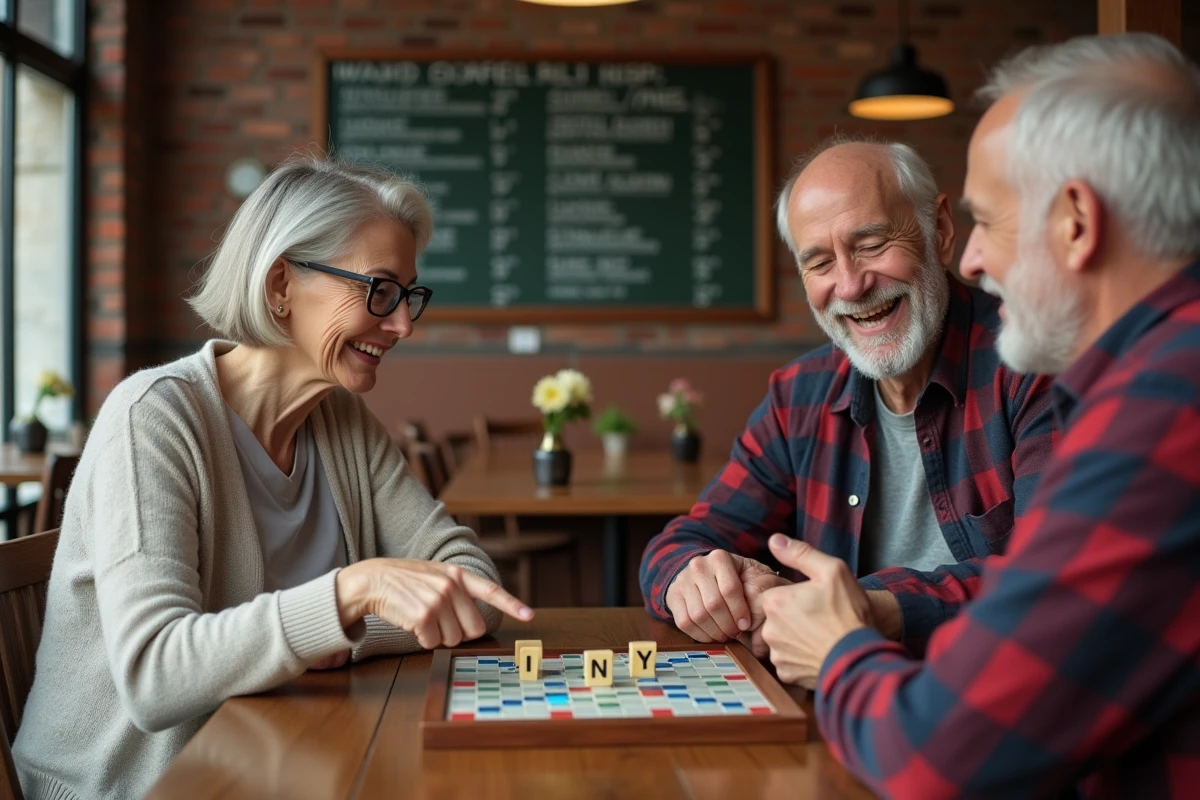 Deux joueurs de Scrabble pointant les lettres IN sur le plateau lors d'une partie en café