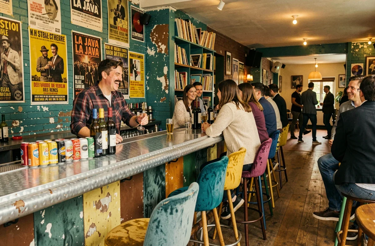 Intérieur animé de La Java, bar branché en Bretagne avec mobilier vintage coloré, affiches rétro et comptoir en zinc dans une atmosphère bohème conviviale