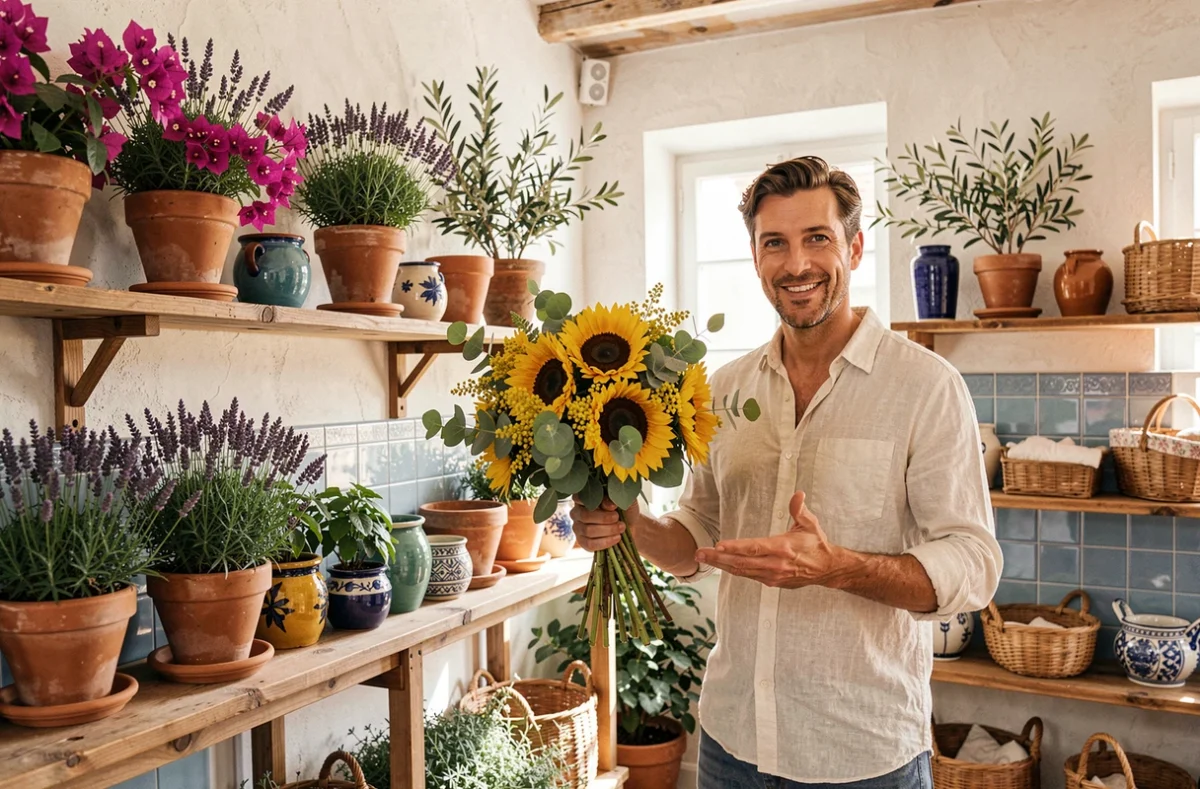 Bouquet aux inspirations méditerranéennes présenté dans une boutique florale à Versailles