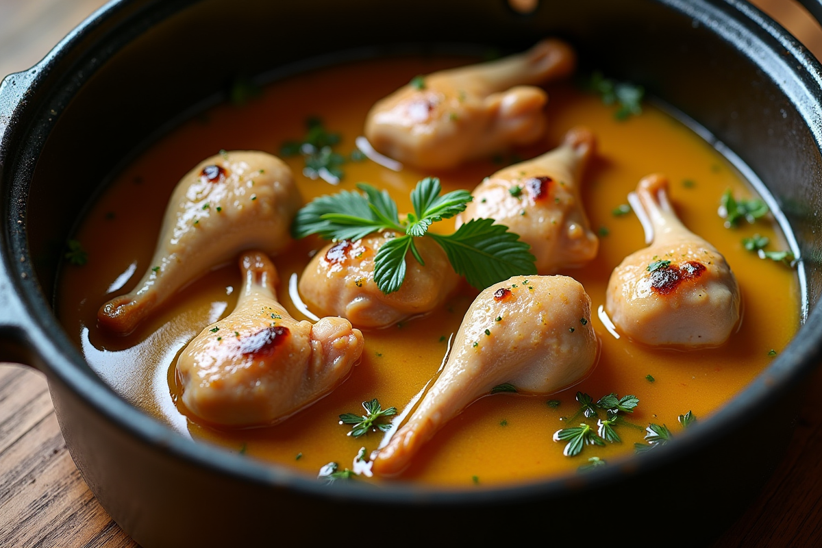 Gros plan sur le lapin en sauce cidre dans une cocotte