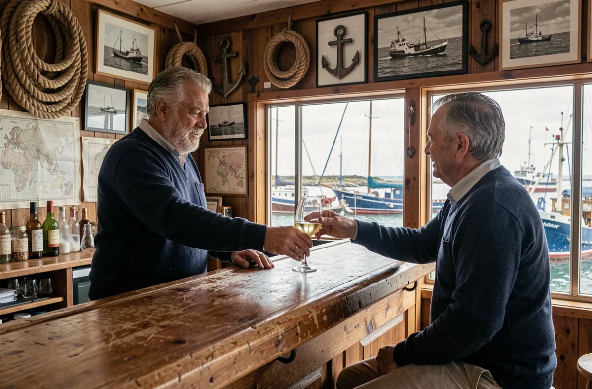 Intérieur du bar Le Cabestan en Bretagne, décoration maritime avec ancres, cartes nautiques et vue panoramique sur le port avec bateaux amarrés