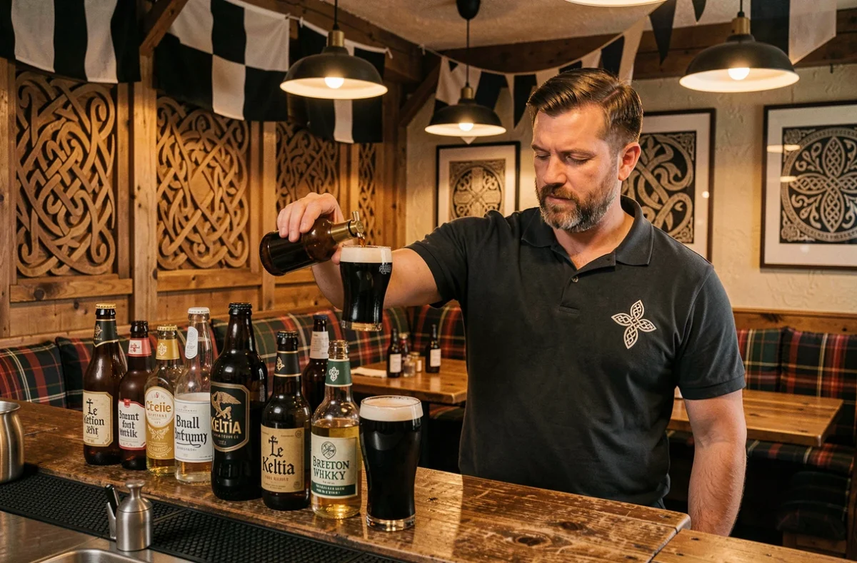Intérieur du bar Le Keltia en Bretagne, décoration celtique avec drapeaux bretons, panneaux en bois sculptés et large sélection de bières locales artisanales
