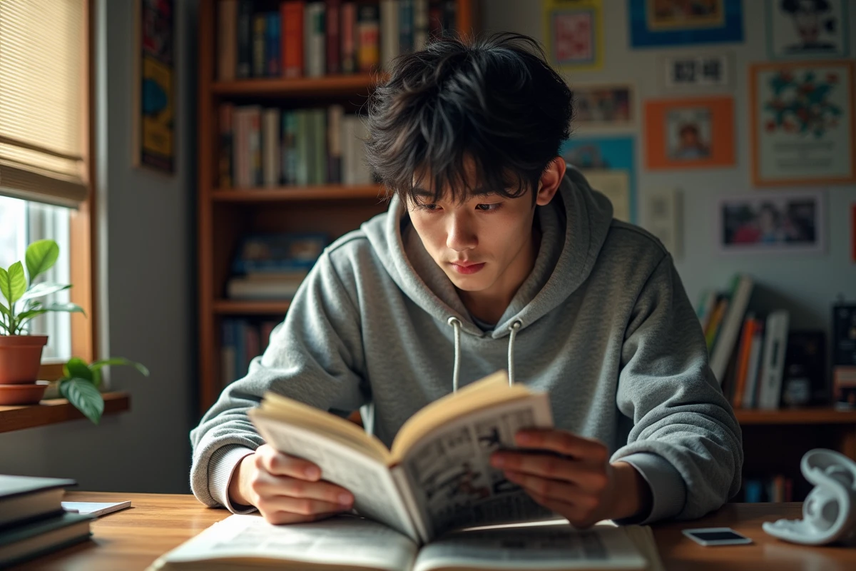Jeune homme lisant un manga One Piece avec une expression perplexe face à un chapitre manquant