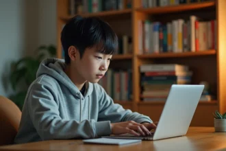 Jeune homme parcourant un site de lecture de manga en ligne sur son ordinateur portable dans une chambre confortable avec des volumes de manga en arrière-plan