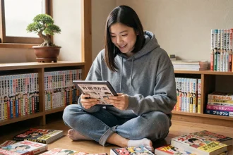 Jeune femme lisant des scans de manga sur une tablette entourée de volumes de manga japonais dans une chambre cosy