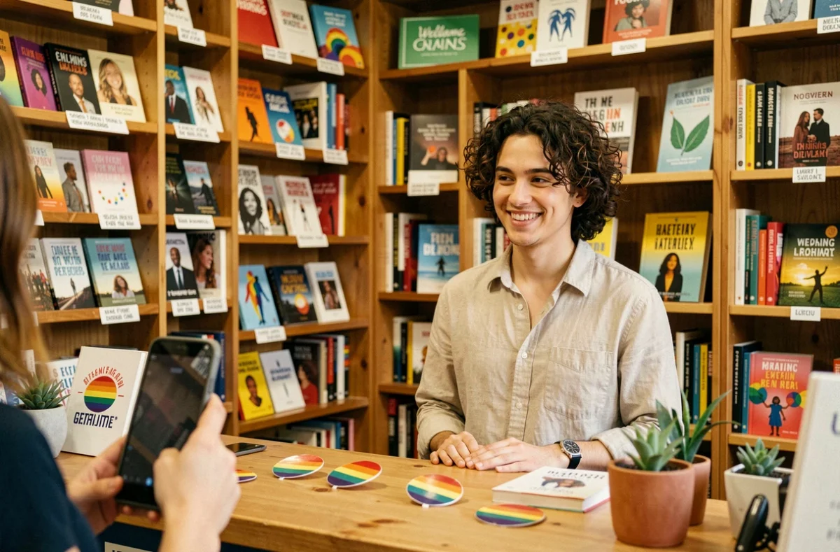 Intérieur bienveillant de la librairie À Soi.e à Lyon avec des livres féministes et une libraire souriante derrière le comptoir