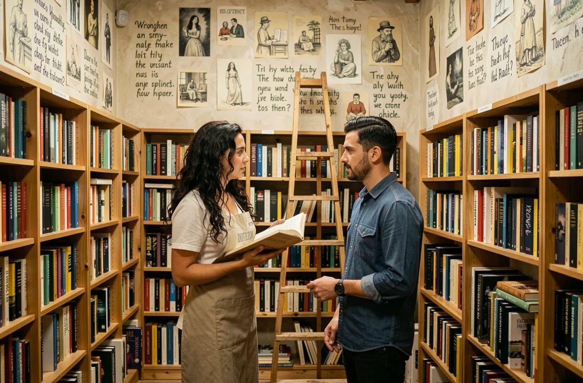 Intérieur artistique de la librairie À Titre d'Aile à Lyon avec une libraire discutant poésie avec un client