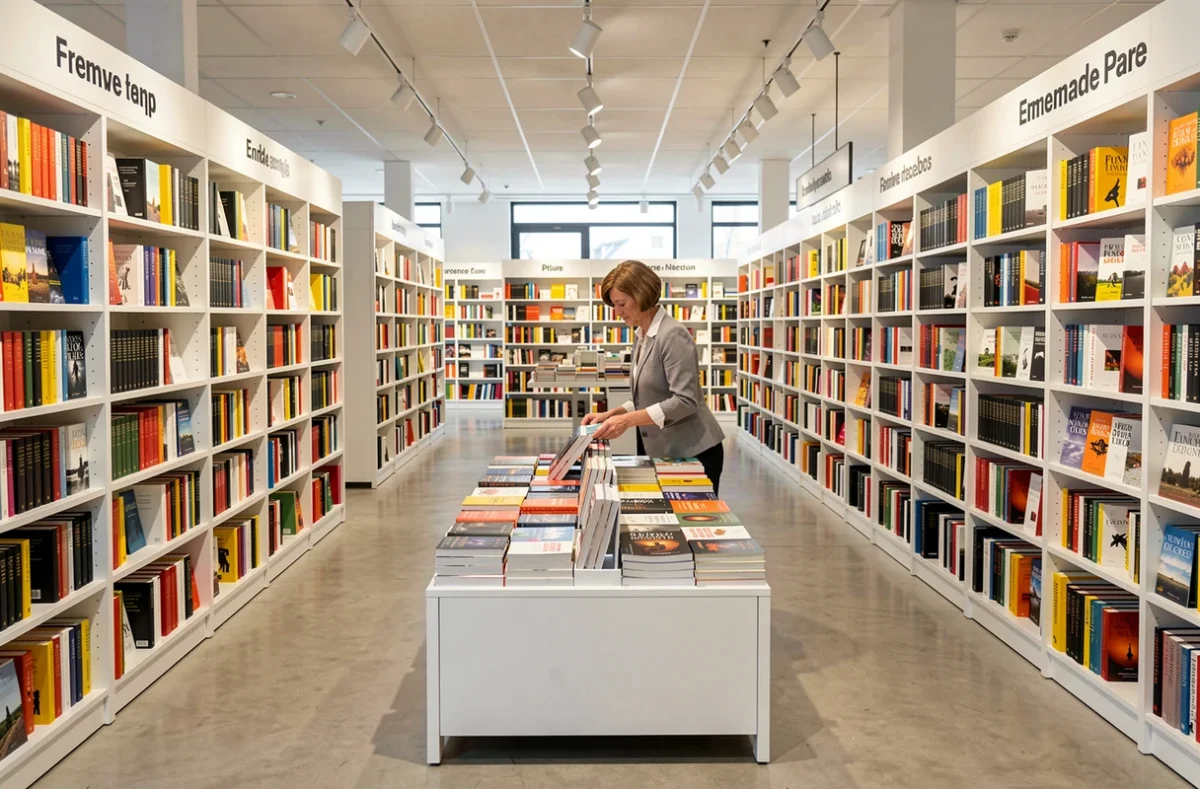 Intérieur spacieux de la librairie Decitre à Lyon avec des rayons bien organisés et une employée arrangeant des nouveautés