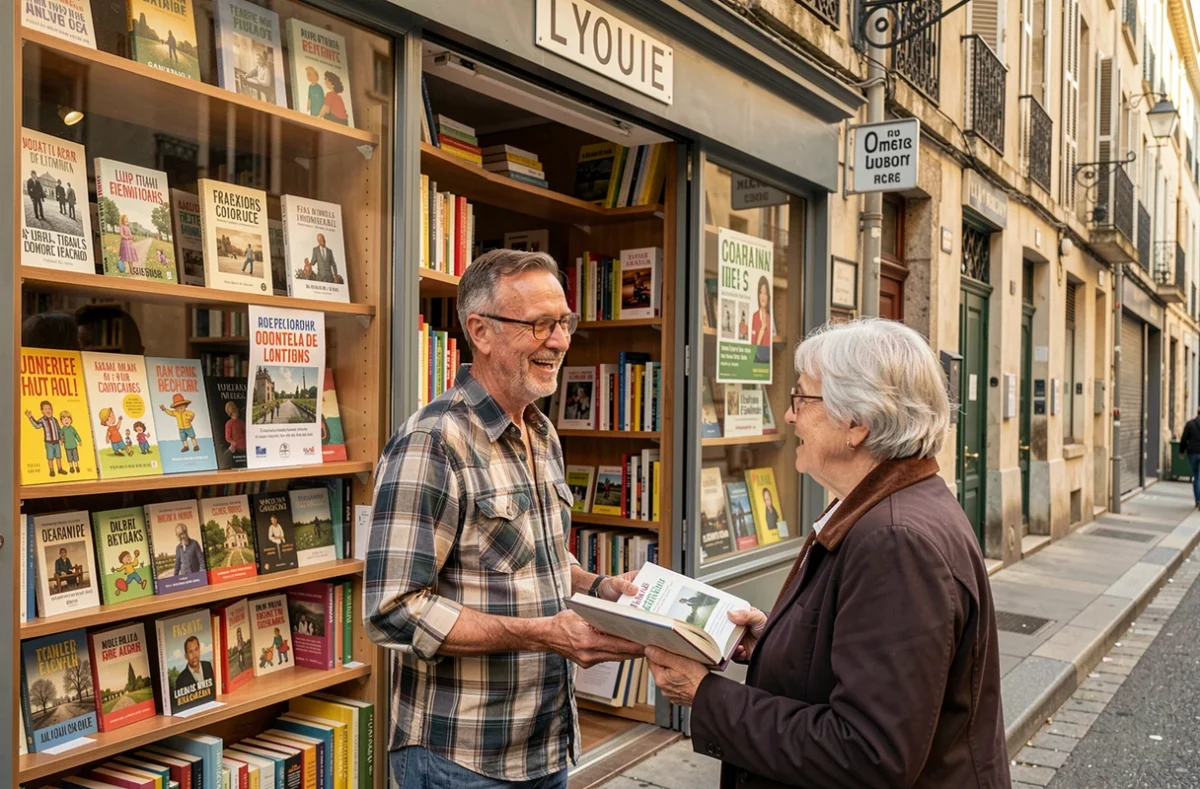 Intérieur de la Librairie des Canuts à Lyon avec un libraire recommandant un livre à une cliente du quartier