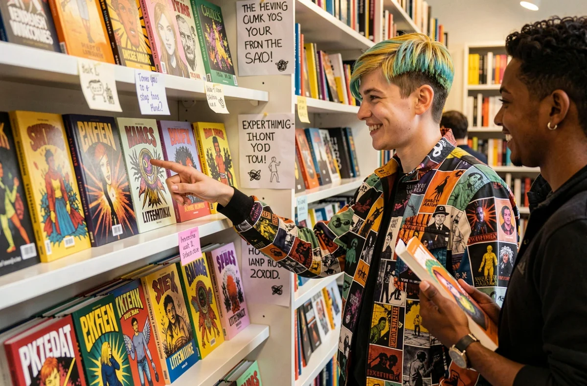 Intérieur dynamique de la Librairie Expérience à Lyon avec des bandes dessinées exposées et deux jeunes clients enthousiastes