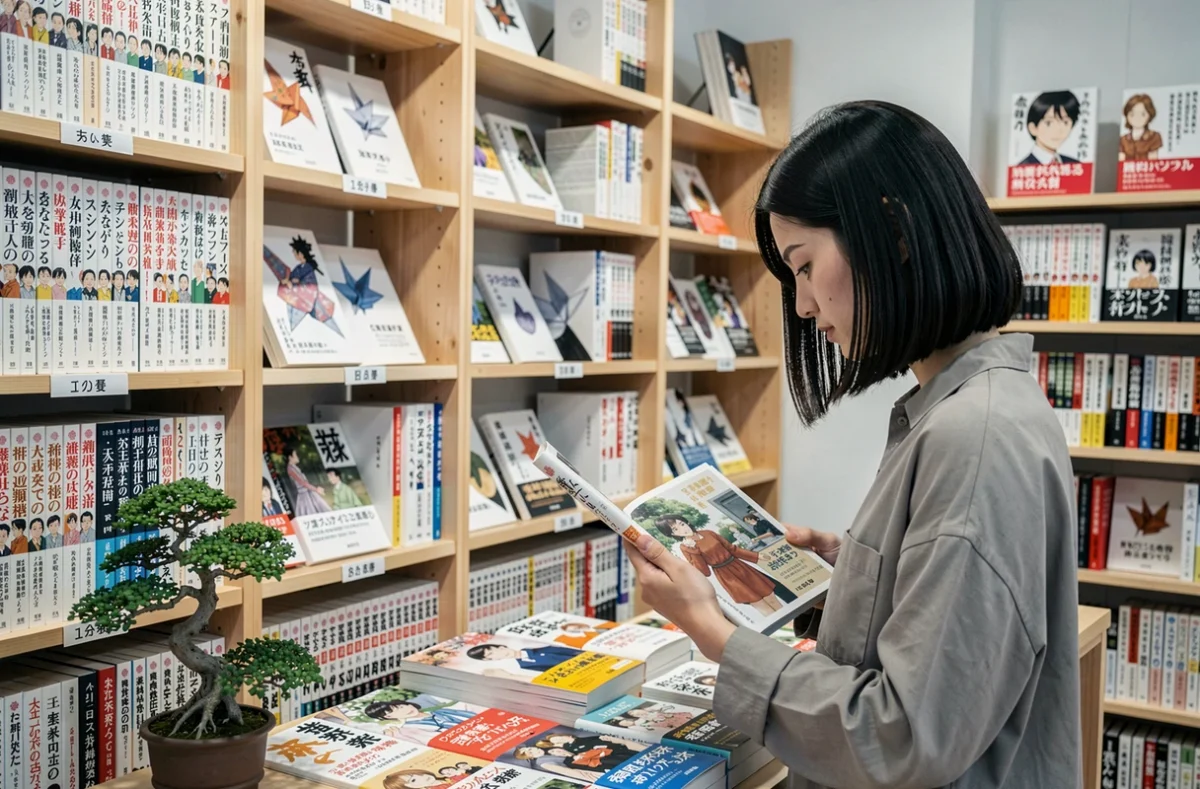 Intérieur de la librairie japonaise Kamon Shoten à Lyon avec des rayons de mangas et une cliente feuilletant un volume