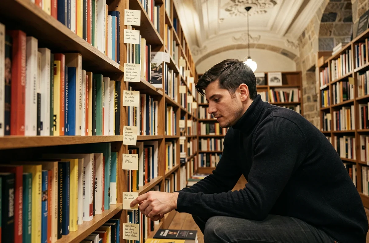 Intérieur intime de la Librairie Passages à Lyon avec des étagères soigneusement sélectionnées et des fiches de recommandation manuscrites