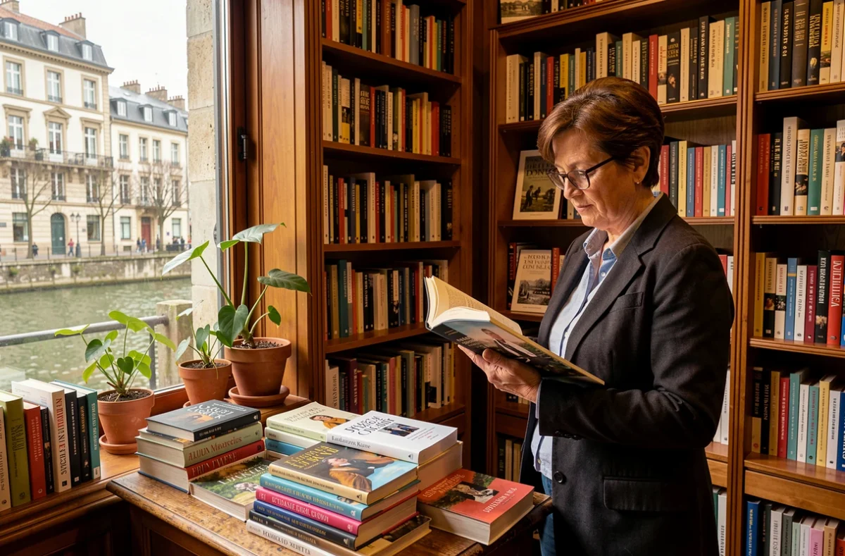 Intérieur accueillant de la Librairie Rive Gauche à Lyon avec une cliente lisant près d'une fenêtre donnant sur la rue
