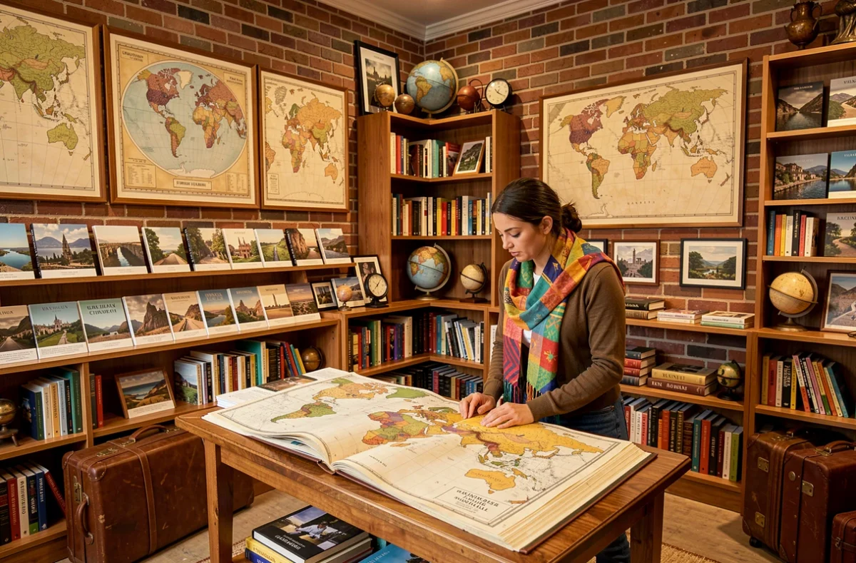 Intérieur de la librairie Terre des Livres à Lyon avec une cliente consultant un atlas entourée de cartes et de livres de voyage