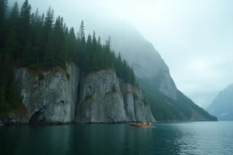 Fjord de Lituya Bay en Alaska montrant la zone de dévastation de la végétation sur les falaises granitiques après le mégatsuami de 1958