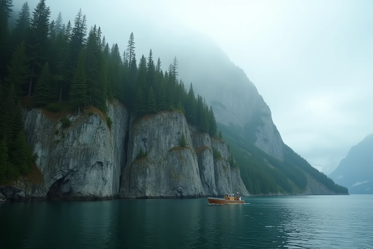 Fjord de Lituya Bay en Alaska montrant la zone de dévastation de la végétation sur les falaises granitiques après le mégatsuami de 1958