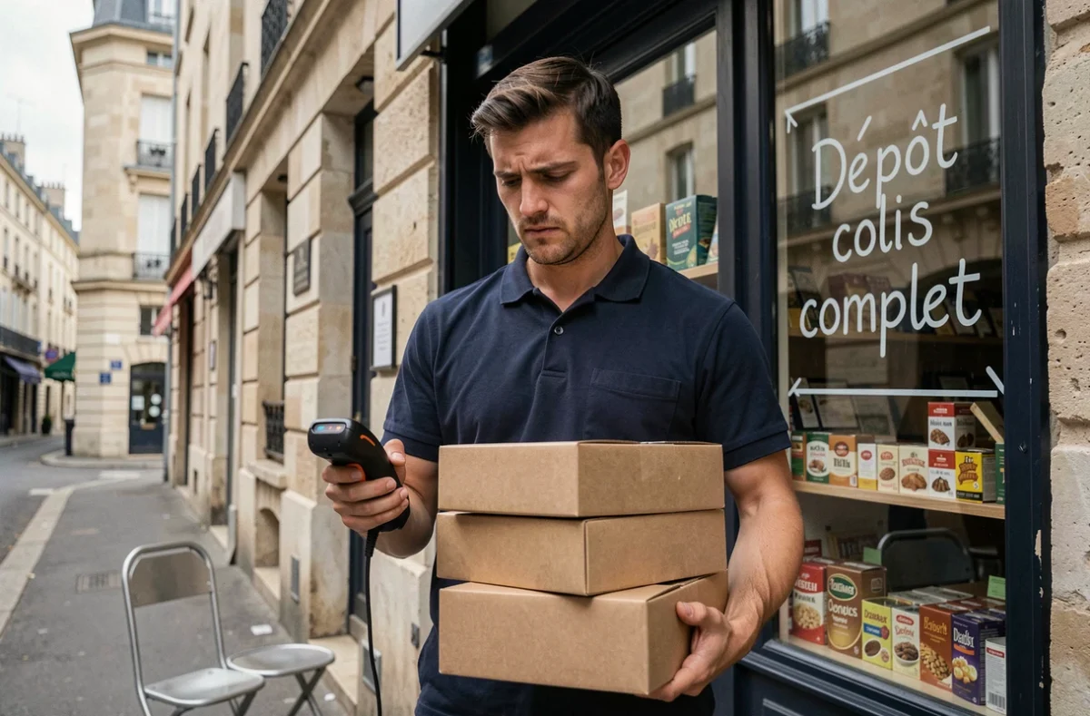 Livreur Colissimo devant un relais colis complet avec des colis non livrables en main