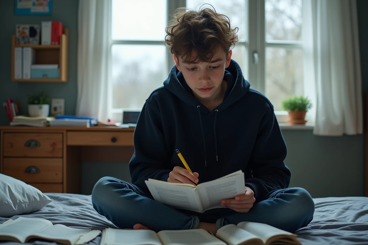 Lycéen étudiant une didascalie dans un script de théâtre sur son lit