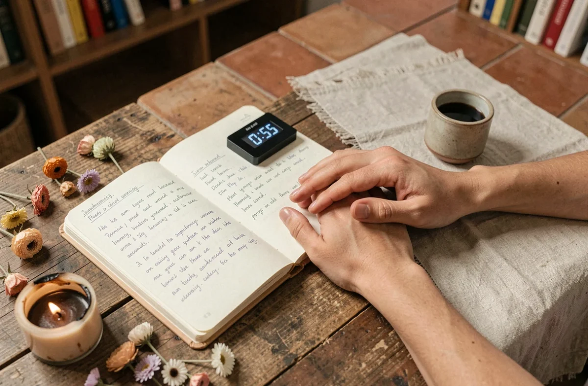 Mains enlacées d'un couple près d'un journal et d'une horloge affichant 05h55 sur une table en bois rustique, symbolisant la synchronicité amoureuse
