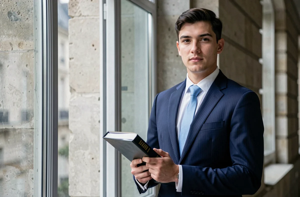 Maître Hugo Marquis, jeune avocat en costume bleu marine, devant une fenêtre à moulures dans son bureau à Poitiers