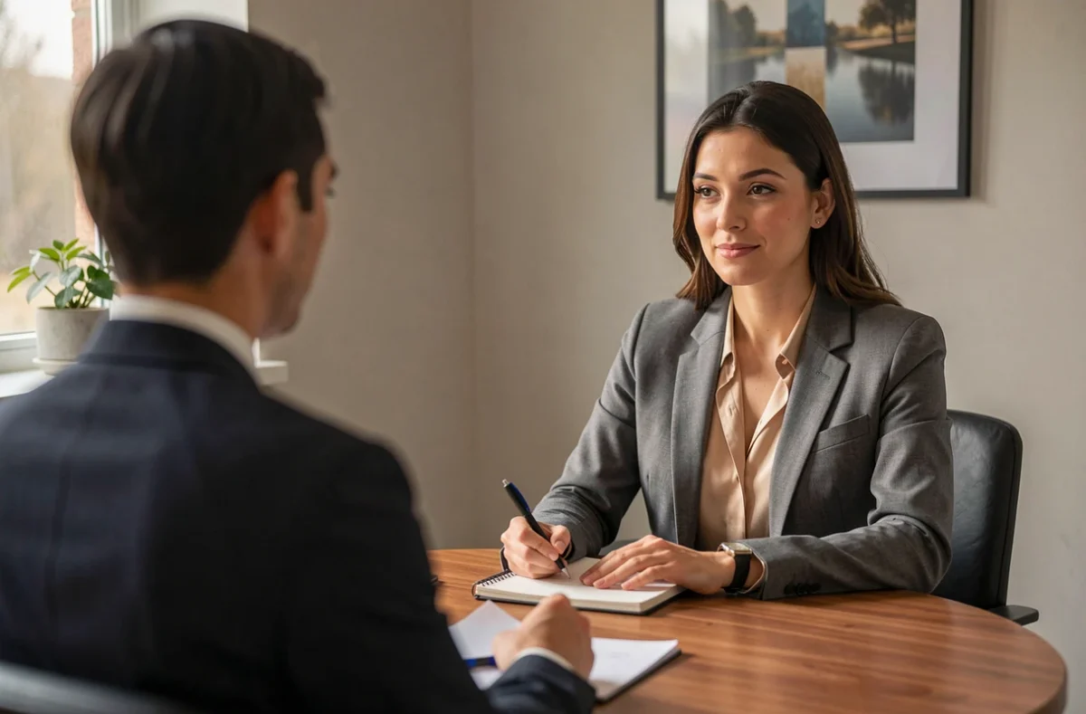 Maître Julie Pechier, avocate en blazer gris, en consultation avec un client dans son cabinet à Poitiers