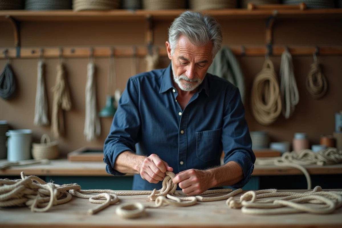 Marin expérimenté nouant un cordage complexe dans un atelier de voile artisanal