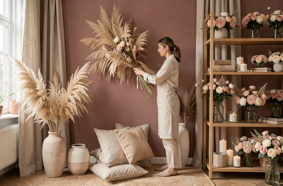Fleuriste décoratrice arrangeant une composition florale dans son studio design au Chesnay